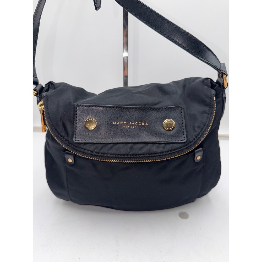 Marc Jacobs Black Nylon Crossbody Bag Gold Hardware Leather Trim Messenger